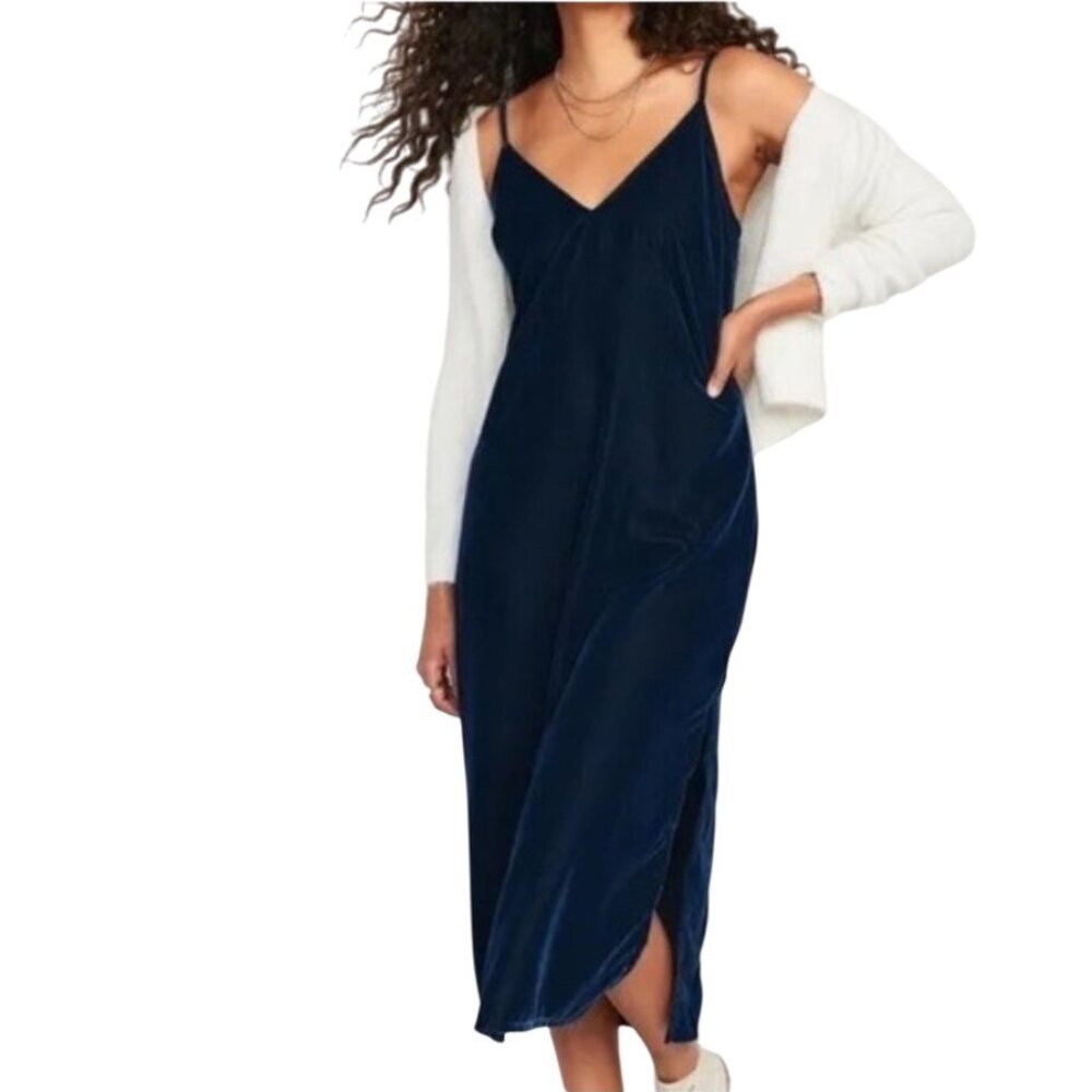 Old Navy Y2k Blue Velvet Midi Dress Size M NWT Smocked Slip Fairy Coquette‎